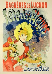 Reproduktion av en affisch som annonserar blomsterfesten i Bagnères-de-Luchon, 1890